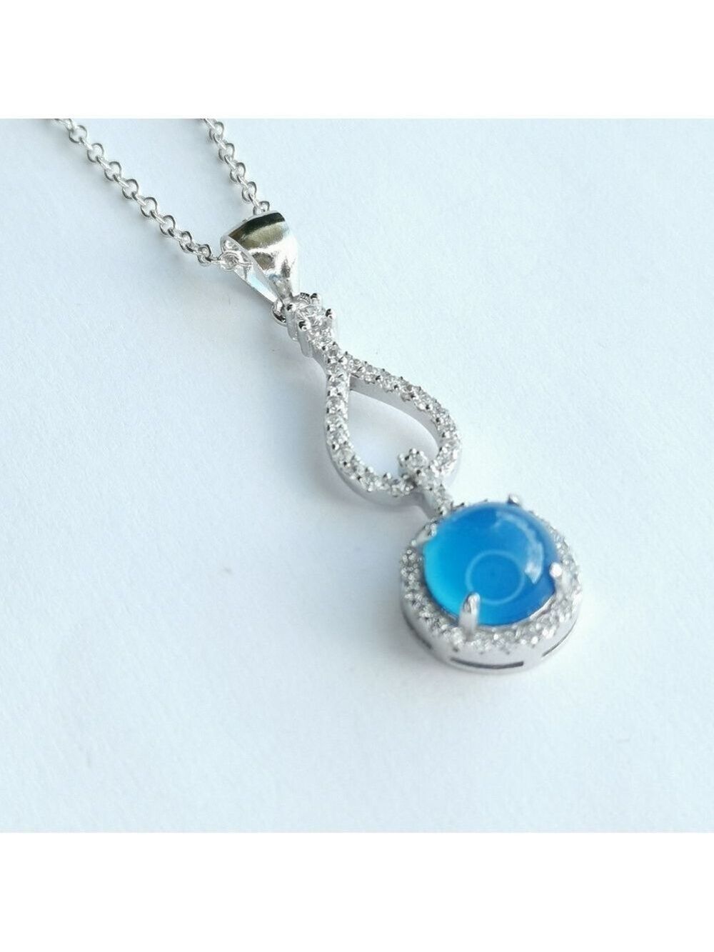 Blue Chalcedony CZ Halo Pendant Necklace sterling silver 🆕